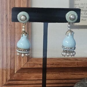 Antique Victorian French 14k 18k Gold Seed Pearl Enamel Drop Earrings